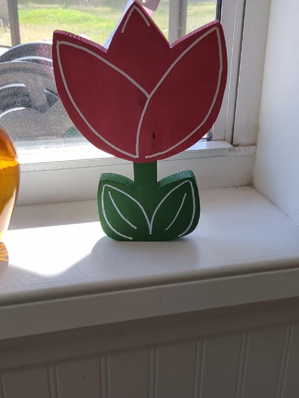 Hand Crafted Pink and Green Tulip Wooden Accent